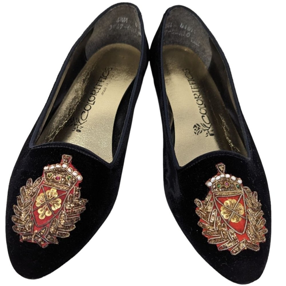 Vintage Coloriffics Black Velvet Royal Embroidered Shield Crest Shoes Loafer 6.5